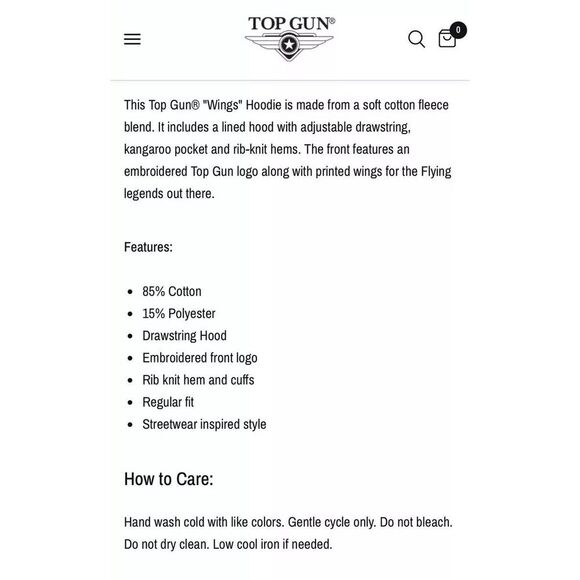 Top Gun "WINGS" Hoodie American Designed And Created Black Men's Size M - Picture 2 of 10